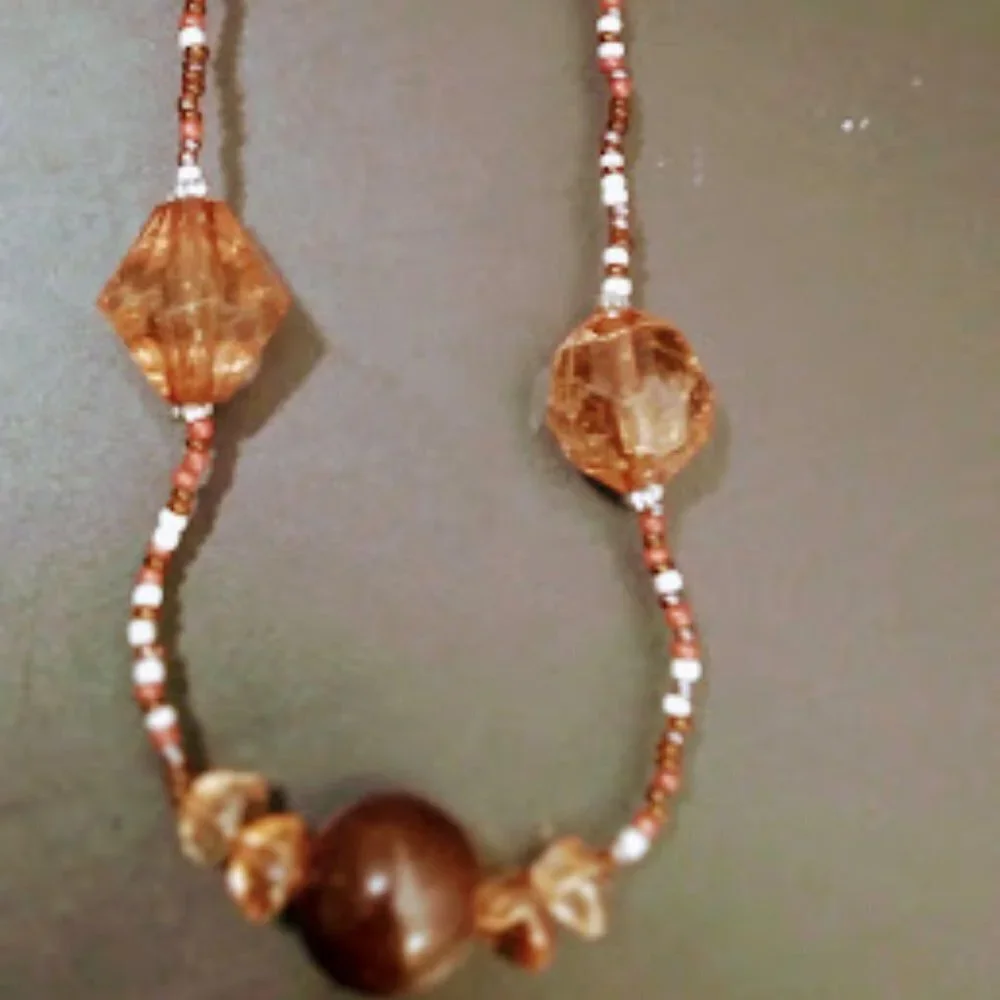 Beautiful Unique Long Beaded Necklace Neutral Colors 39